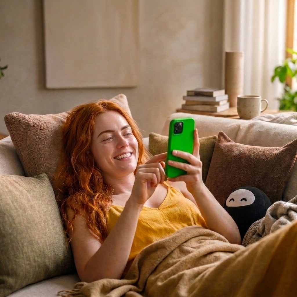 Dona de salão sorrindo enquanto olha o celular, deitada no sofá